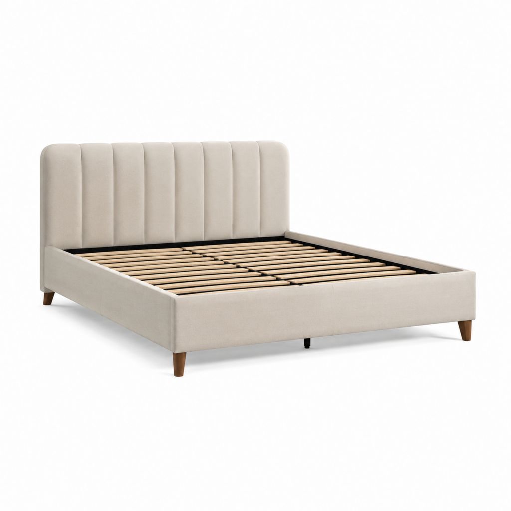 Letto matrimoniale imbottito beige in poliestere con testiera verticale e rete a doghe 160 x 200 cm