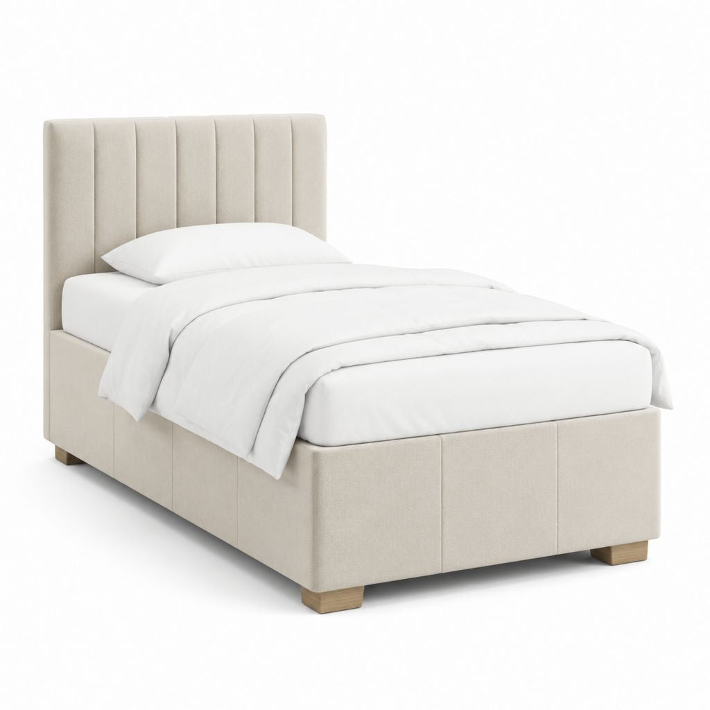 Letto singolo imbottito beige in poliestere con testiera verticale 90 x 200 cm