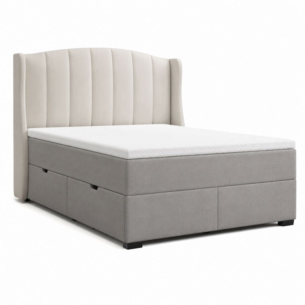 Letto contenitore matrimoniale grigio e beige in poliestere con testiera imbottita 160 x 200 cm