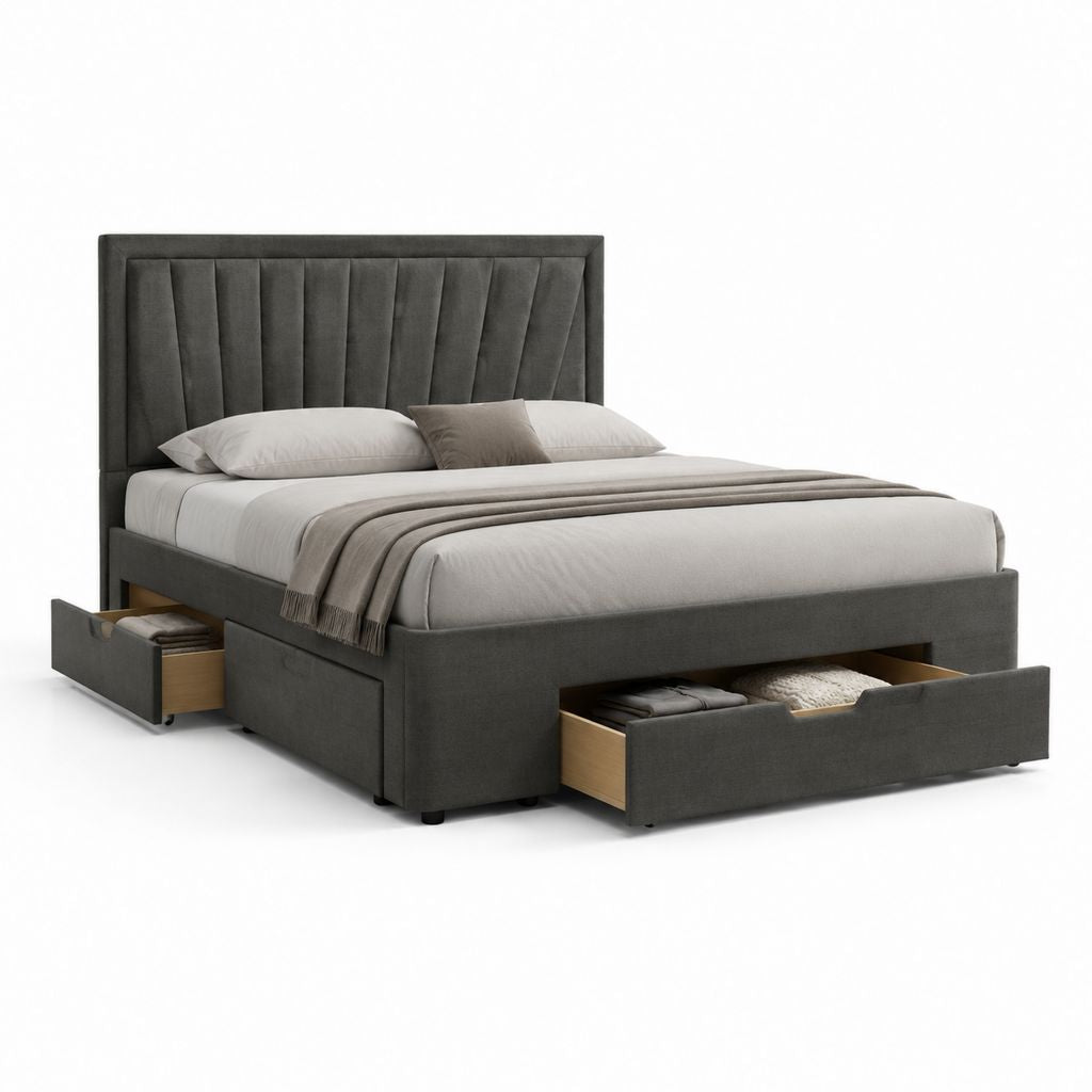 Letto matrimoniale contenitore grigio antracite in poliestere 160 x 200 cm con testiera imbottita e 2 cassetti