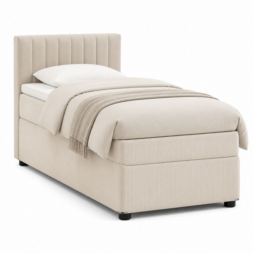 Letto singolo imbottito beige in poliestere 90 x 200 cm con testiera verticale
