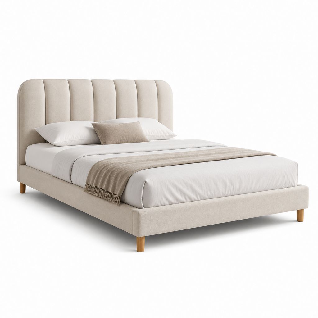 Struttura letto matrimoniale imbottita beige in poliestere con testiera arrotondata 160 x 200 cm