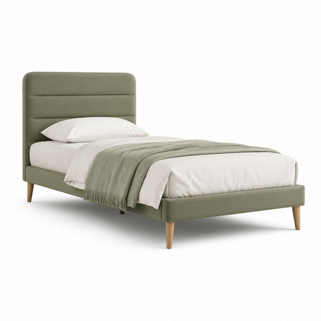 Letto singolo imbottito verde salvia in poliestere con testiera 90 x 200 cm