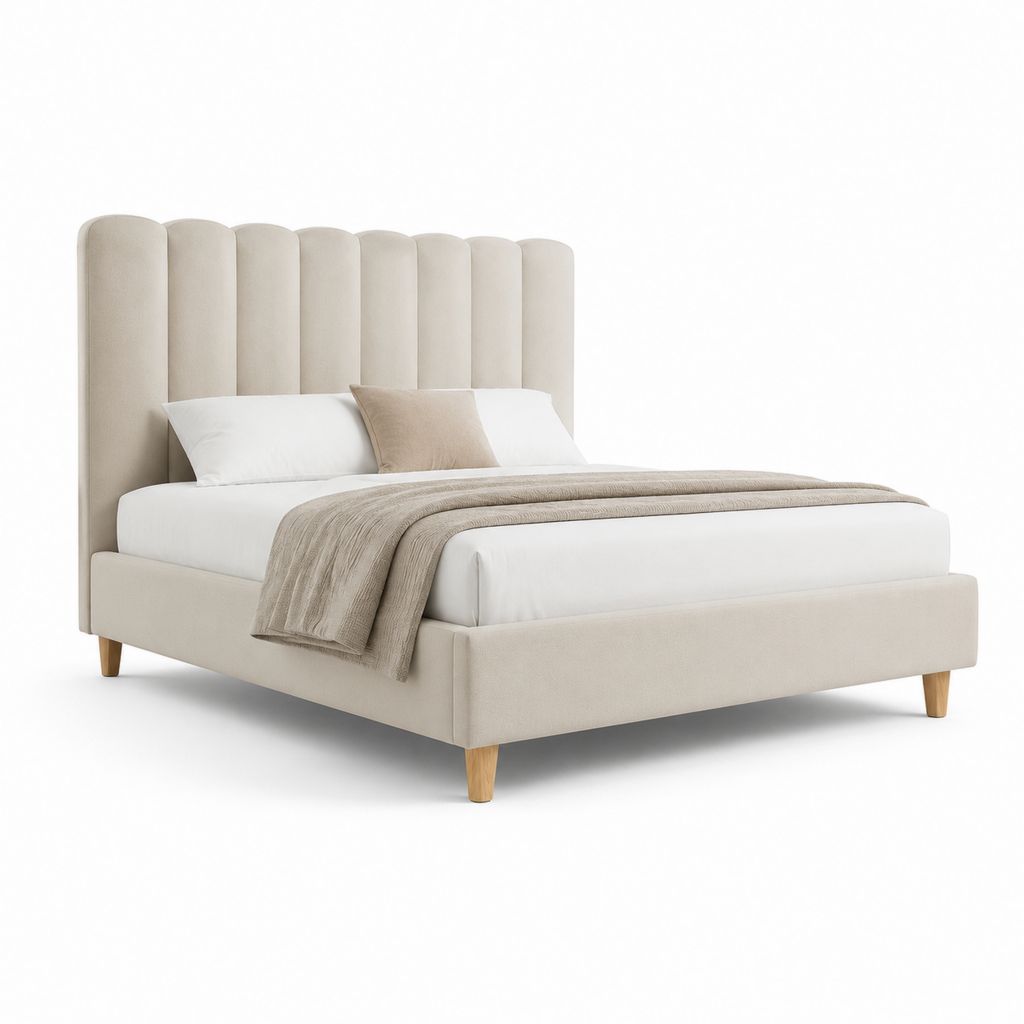 Letto matrimoniale imbottito beige in poliestere 160x200 cm con testiera alta