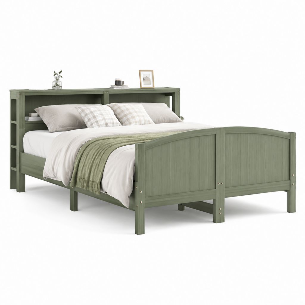 Letto matrimoniale con testiera a scaffale verde salvia in legno massello di pino 160 x 200 cm