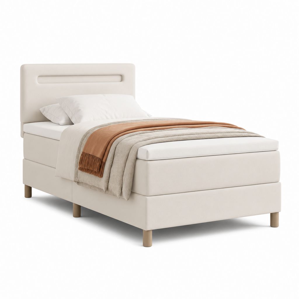 Letto imbottito singolo beige in poliestere con testiera rettangolare 120 x 200 cm