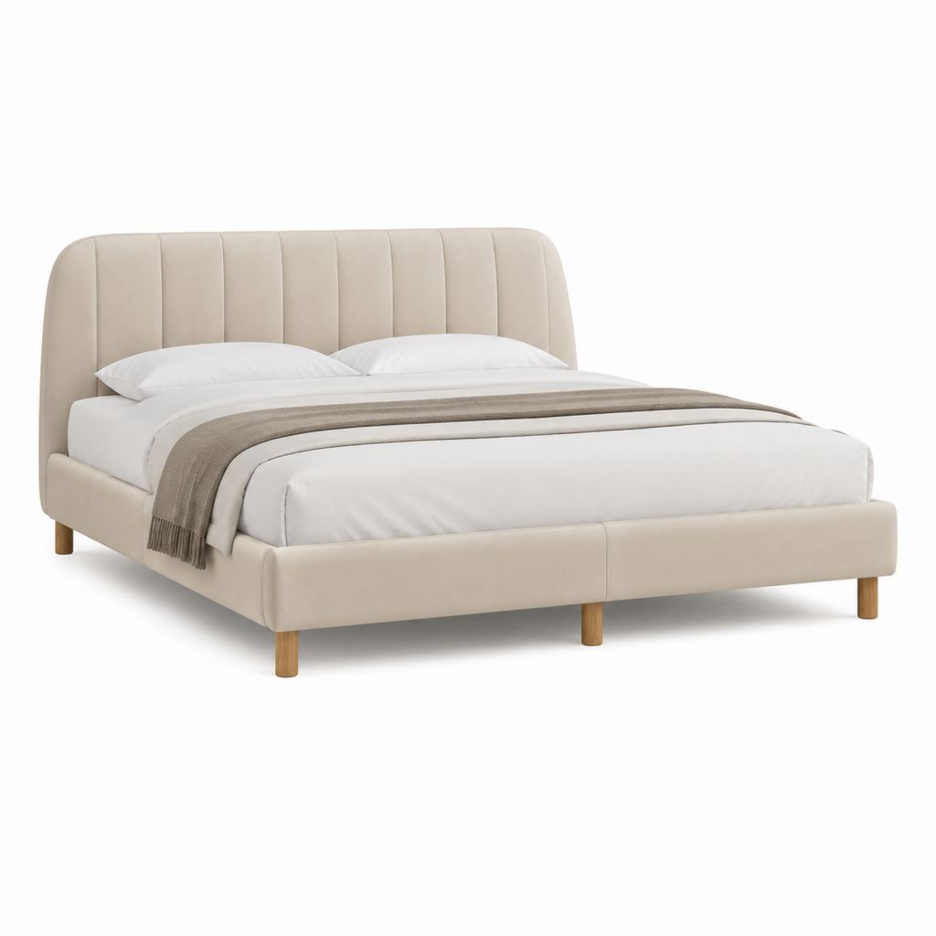 Letto matrimoniale imbottito beige in poliestere con testiera arcuata 160 x 200 cm