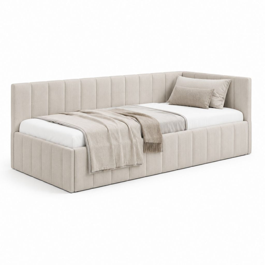 Letto matrimoniale imbottito con testiera beige in poliestere rettangolare 160 x 200 cm
