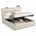 Letto contenitore matrimoniale beige in poliestere rettangolare con testiera LED 160 x 200 cm