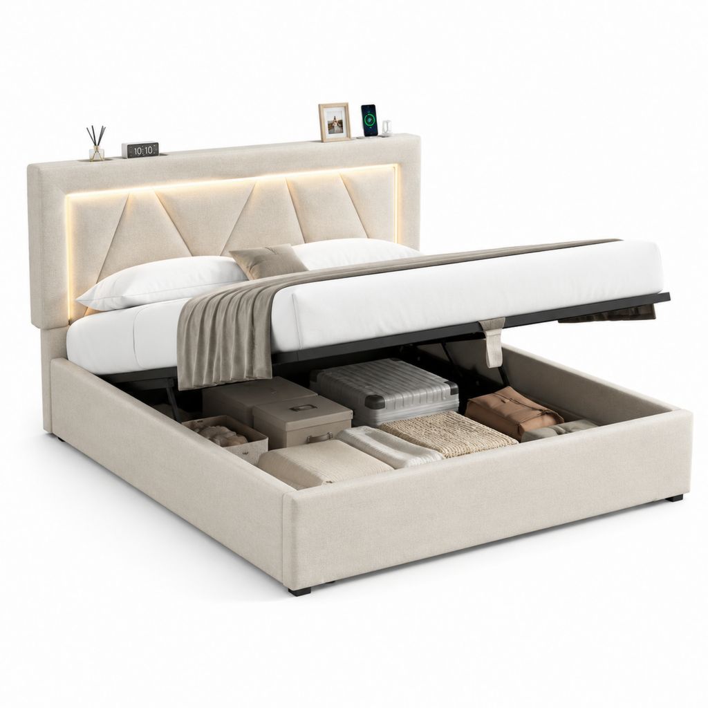 Letto contenitore matrimoniale beige in poliestere rettangolare con testiera LED 160 x 200 cm