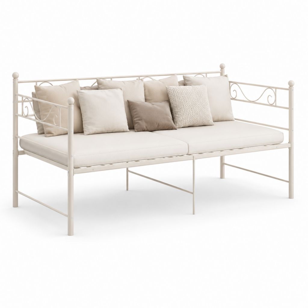 Letto singolo divano in acciaio crema rettangolare con cuscini 200 x 90 cm