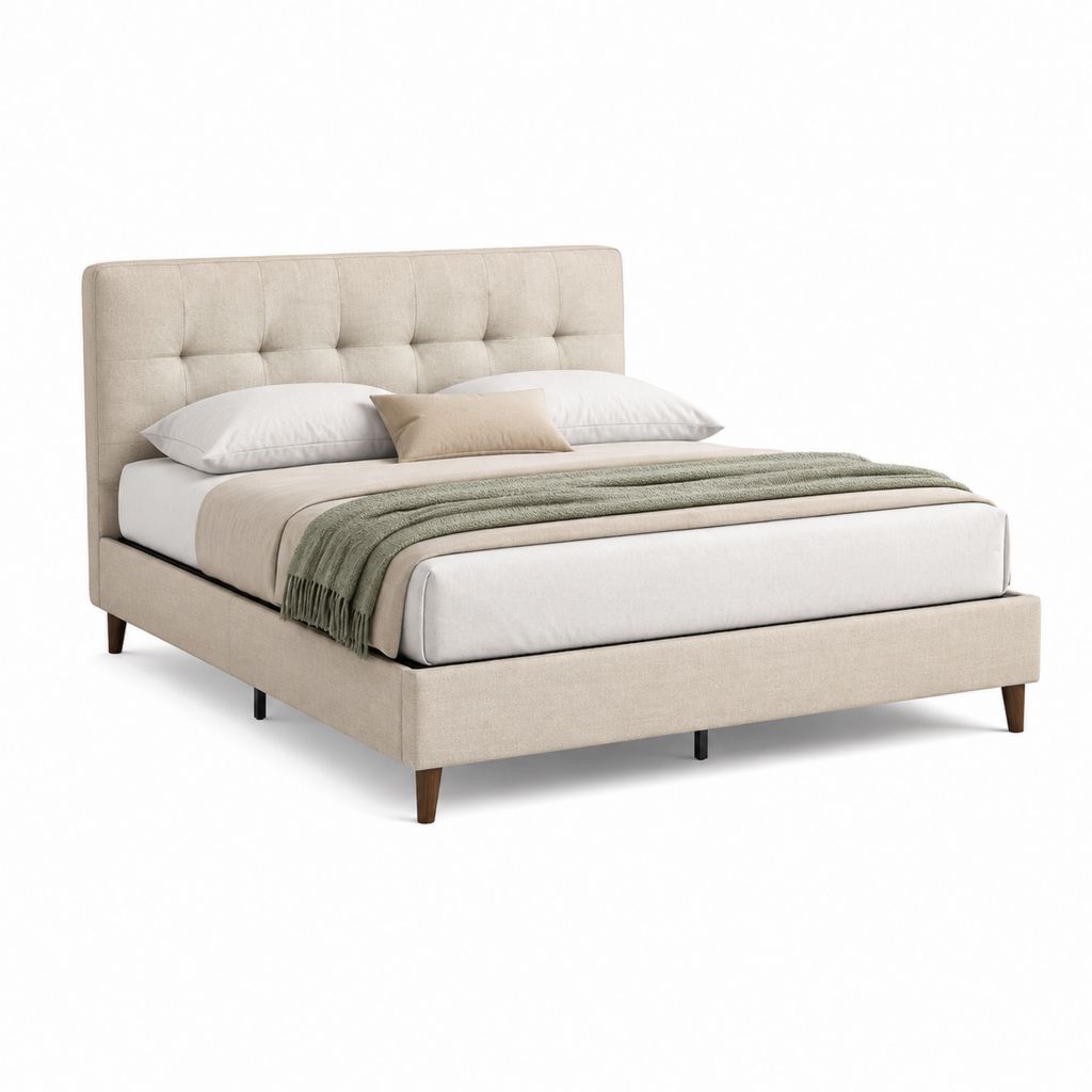 Letto matrimoniale imbottito beige in poliestere con testiera capitonné 160 x 200 cm
