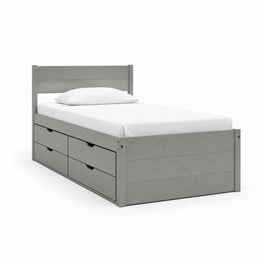 Letto singolo con 4 cassetti grigio in pino massello 90 x 200 cm