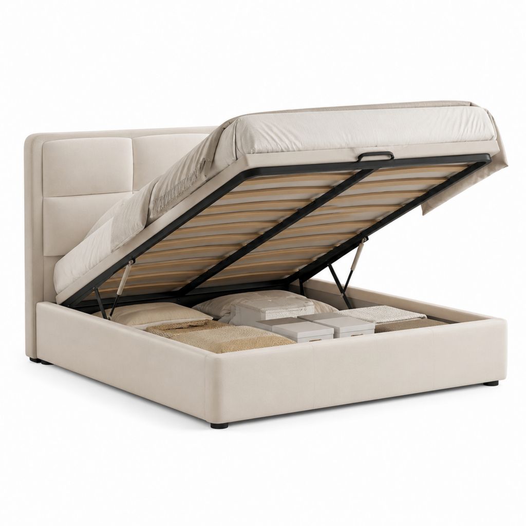 Letto contenitore matrimoniale beige rivestito in poliestere rettangolare 160 x 200 cm