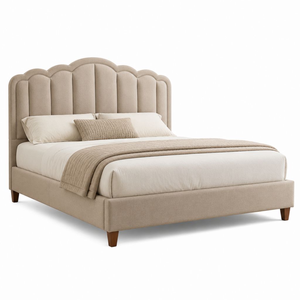 Letto matrimoniale imbottito beige in poliestere con testiera sagomata 160 x 200 cm