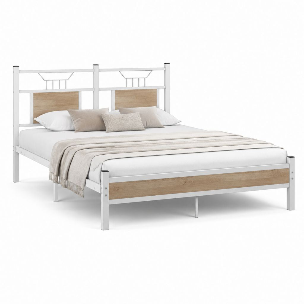 Letto matrimoniale con struttura bianca in acciaio e pannelli effetto rovere 160 x 200 cm