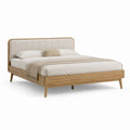 Letto matrimoniale con struttura in legno massello naturale e testiera imbottita beige 160 x 200 cm