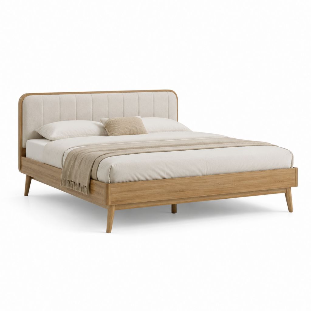 Letto matrimoniale con struttura in legno massello naturale e testiera imbottita beige 160 x 200 cm