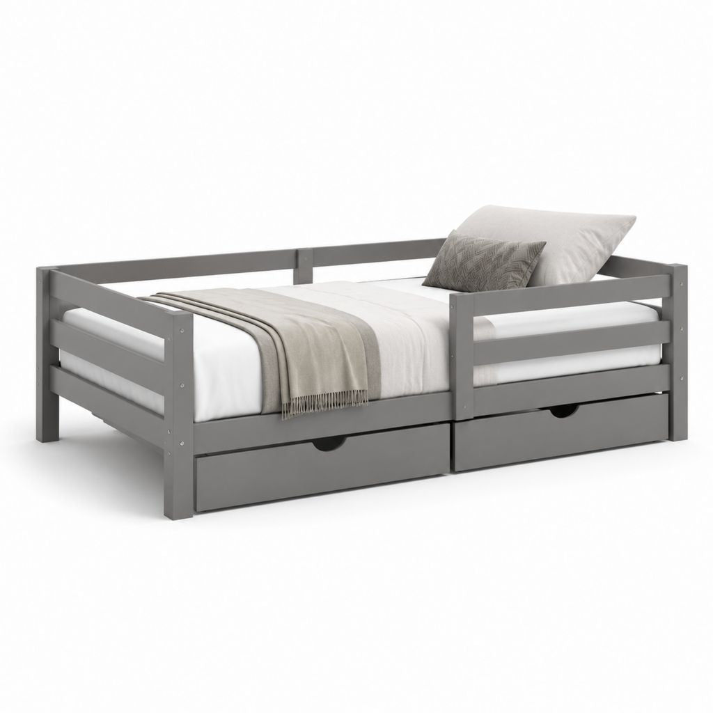 Letto singolo con sponde e 2 cassetti grigio in legno massello 90 x 190 cm