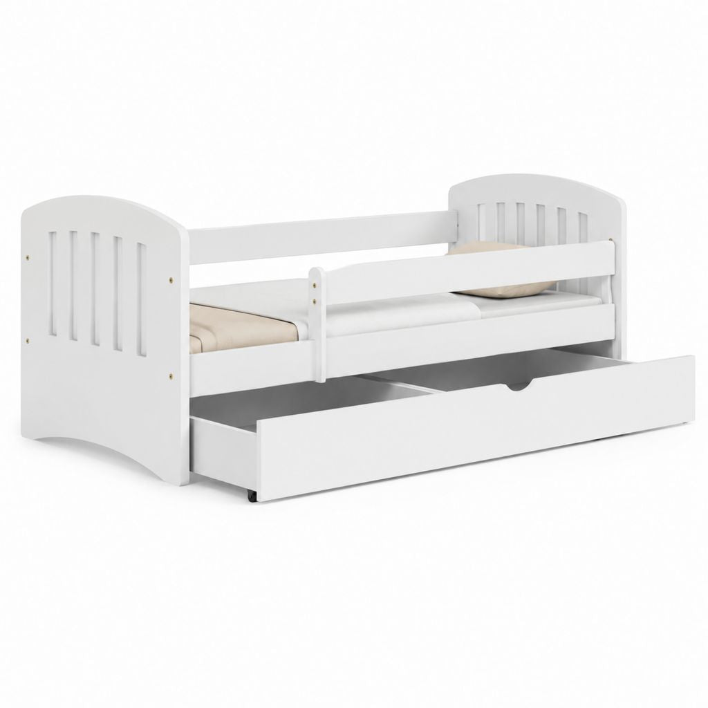 Letto per bambini rettangolare con sponde e cassetto bianco in MDF e pino 140 x 70 cm