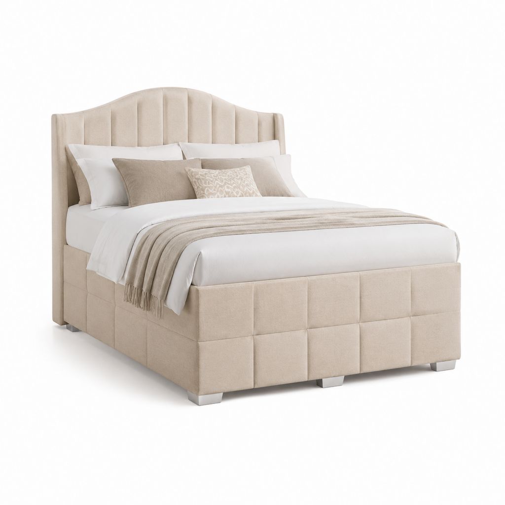 Letto matrimoniale imbottito beige in velluto di poliestere con testiera curva 160 x 200 cm