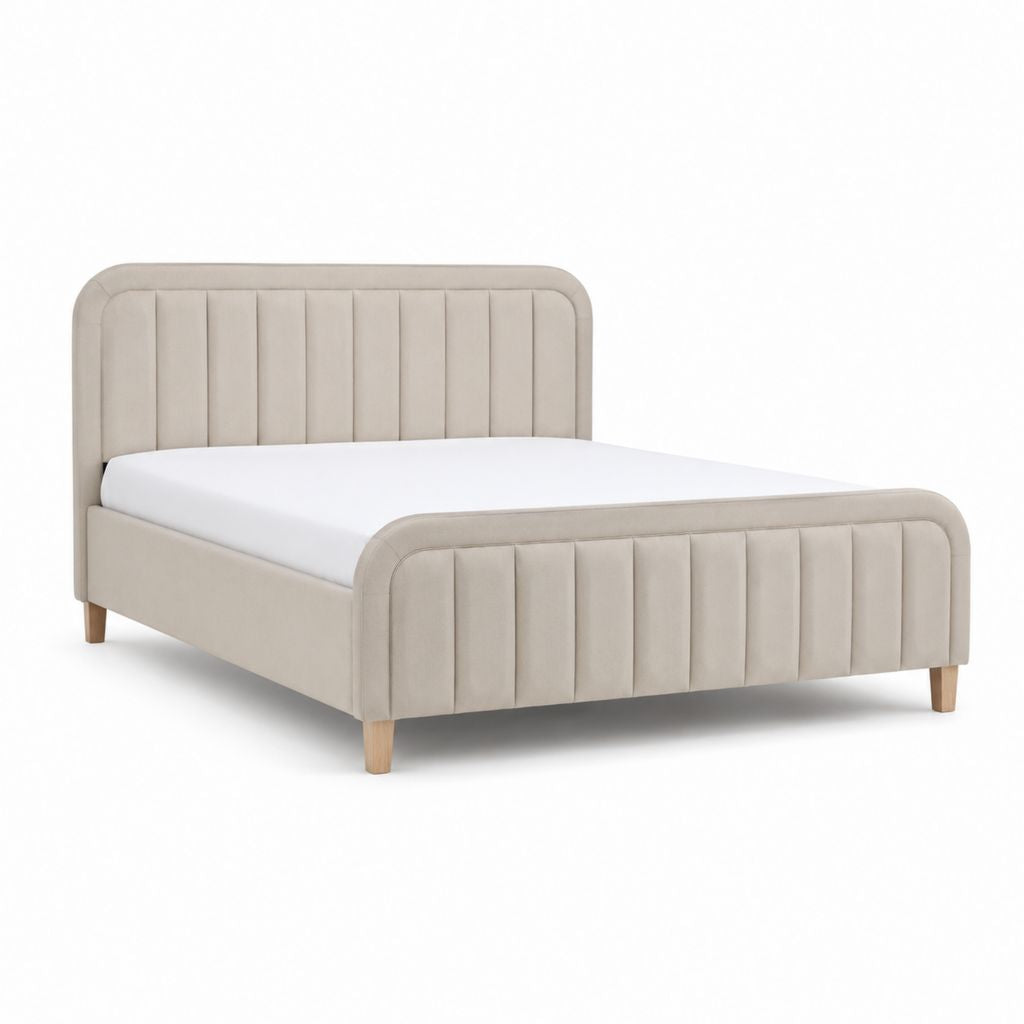 Letto matrimoniale imbottito beige in poliestere 160 x 200 cm con testiera e pediera a pannelli verticali