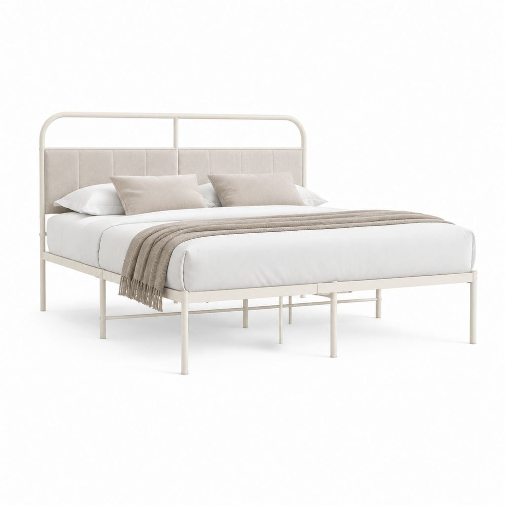 Letto matrimoniale con struttura in acciaio bianco e testiera imbottita beige 160 x 200 cm