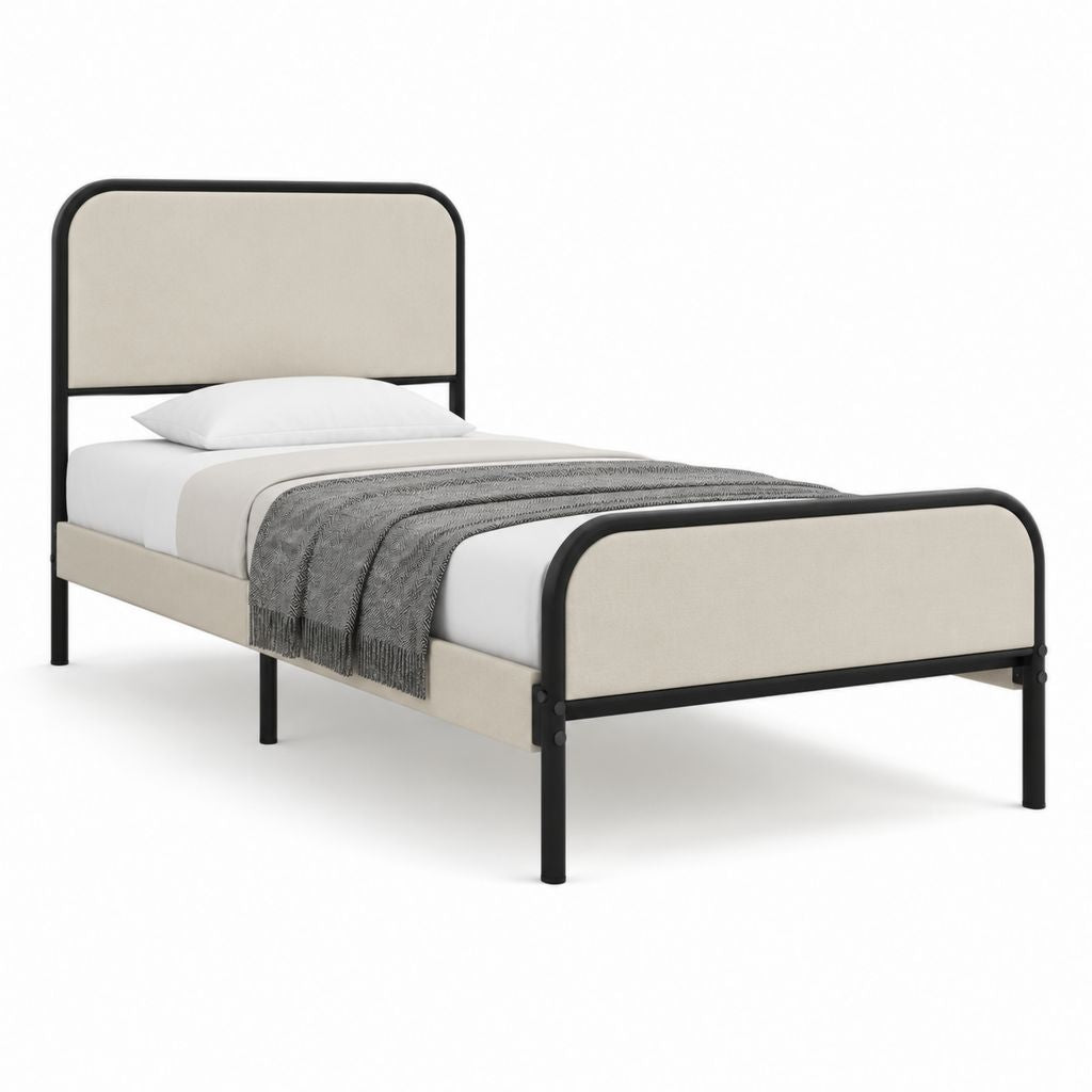 Letto singolo 90 x 190 cm struttura in acciaio nero con pannelli in poliestere beige