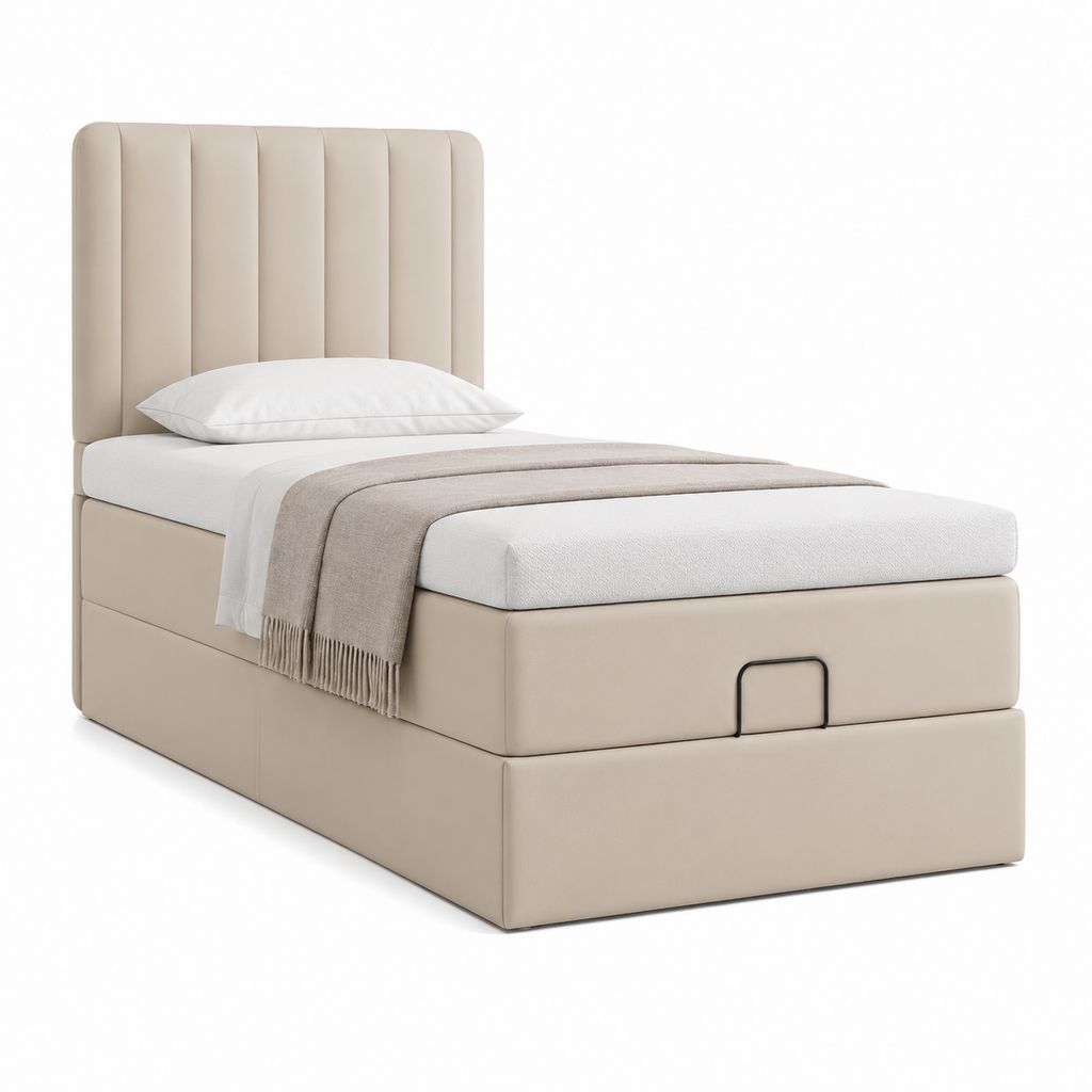 Letto singolo contenitore beige rivestito in poliuretano rettangolare per materasso 90 x 190 cm