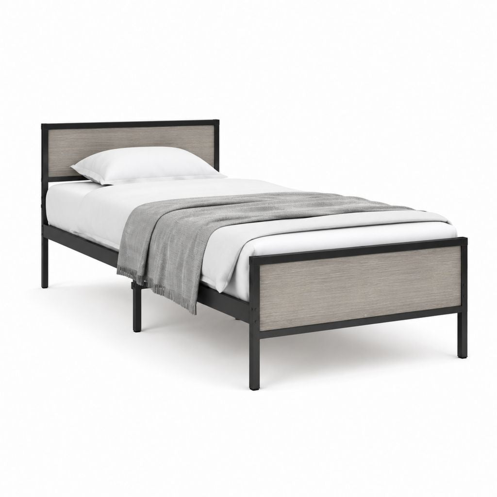 Letto singolo con struttura in acciaio nero e pannelli MDF grigio 90 x 190 cm