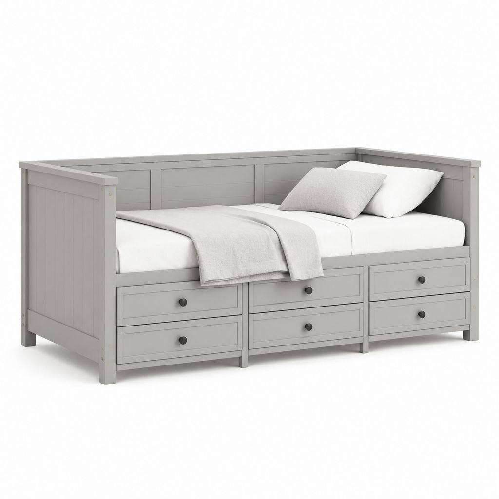Letto singolo con 6 cassetti grigio in pino massello 90 x 200 cm